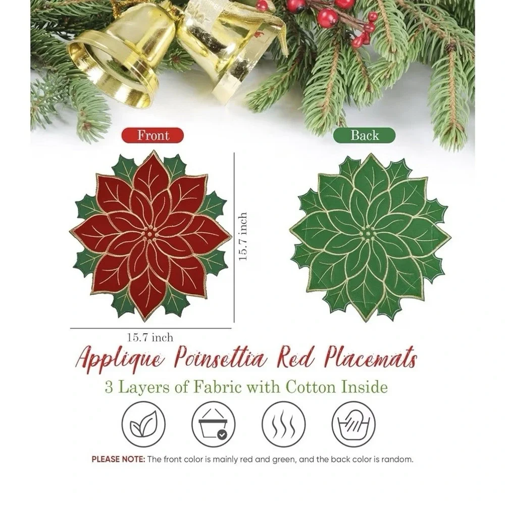 Christmas Placemats Set of 6 Christmas 14 x 14 Inch Poinsettia Style [i]
